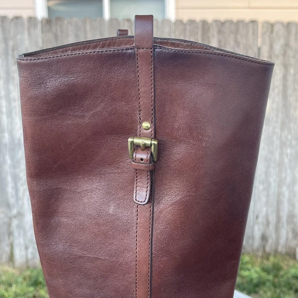 Coach Mulan‎ Tall Riding Boots Women 7B Brown Leather Logo Harness Equestrian